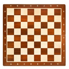 top view of wooden chessboard - obrazy, fototapety, plakaty