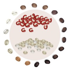 Dry Coffee Berries and Roasted Coffee Beans