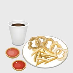 French Fries and Onion Ring with Disposable Coffee Cup
