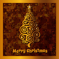 Card with golden Christmas tree and a brown background
