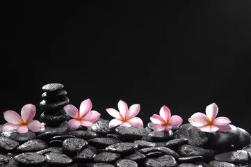 Fototapeten Spa-Konzept mit gestapelten Steinen mit einer Reihe von rosa Frangipani © Mee Ting