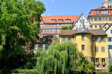 Fototapeta na wymiar Street view of the Hoelderlin Tower in Tuebingen, Germany