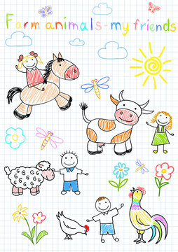 Vector sketches happy children's and farm animals