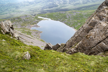 View from top of Cadair Idris looking to Llyn y Gader landscape
