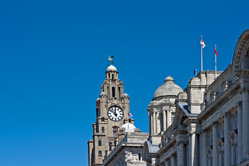 Front view of the Liver Buildings, Liverpool, UK