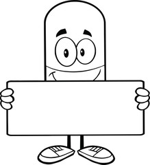 Black and White Pill Capsule Cartoon Character Holding A Banner