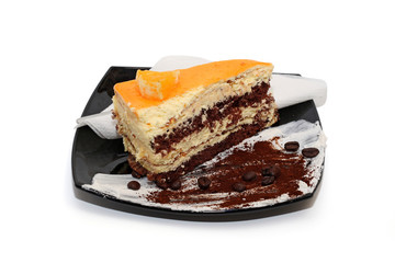 Orange cake with coffee beans isolated