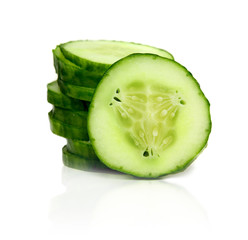 Stack of green cucumber slices with reflection isolated on white