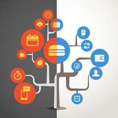 Abstract red and blue circles on the tree with different icons