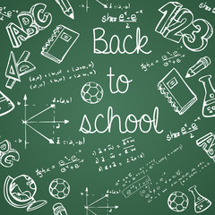 Fototapeta na wymiar Education icons back to school green chalkboard seamless pattern