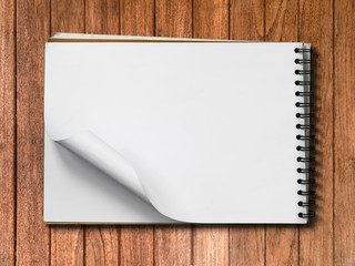 White Note Book Blank Page on Wood Horizontal