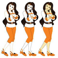 若い女性の挿絵カットイラスト(オレンジ系ウェーブロングヘアー）３パターン