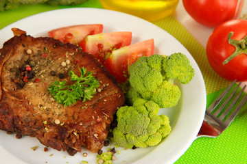Piece of fried meat on plate close-up