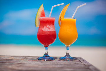 Close up fresh watermelon and mango cocktails on the background