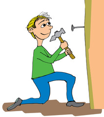 Man with hamer hits the nail, cartoon