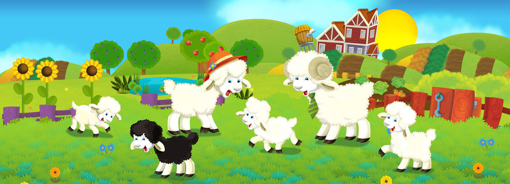 Cartoon illustration with sheep family on the farm