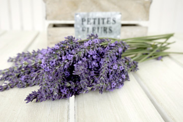 Closeup of bunch of lavender on a white table