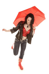 Woman red top and umbrella step boots