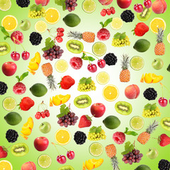 Fototapeta na wymiar Different fruits and berries on blue background
