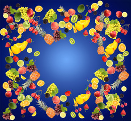 Fototapeta na wymiar Different fruits and berries on blue background
