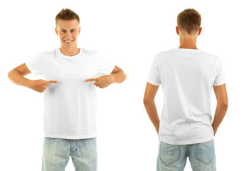 T-shirt on young man in front and behind isolated on white