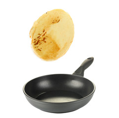 Frying pan with flying pancake