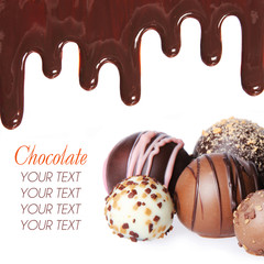 Chocolate candies collection and chocolate streams isolated