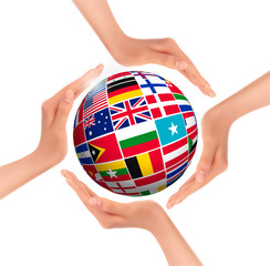 Hands holding globe with flags of world. Vector.