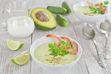 Cold soup with cucumber, avocado and shrimps