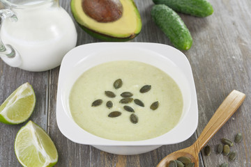 Cream soup of cucumber and avocado