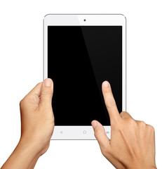 Hand holding and Touch on Small White Tablet Computer on white b