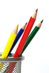 Four colored pencils in holder before white background