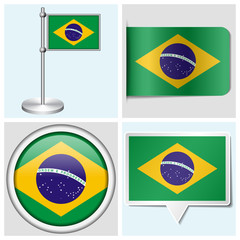 Brazil flag - set of sticker, button, label and flagstaff