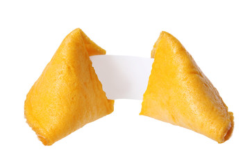 broken fortune cookie with blank slip isolated