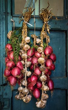 Bunch of red onions from Tropea,