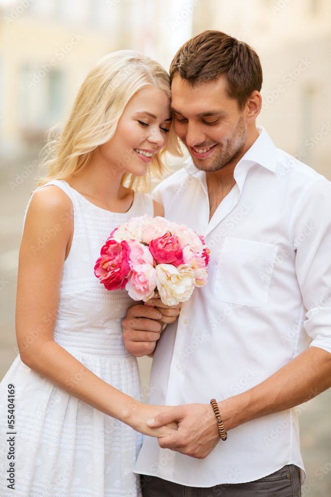 Sticker couple with flowers in the city