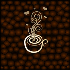 Drawing a coffee cup on the background of coffee beans