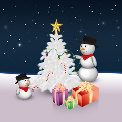 Cute Snowmen with Christmas Tree and Presents