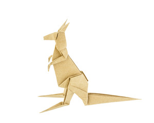 Origami kangaroo recycle paper isolated on white background