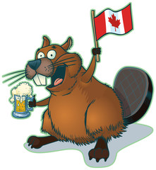 Cartoon Beaver with Beer and Canadian Flag