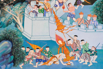 Traditional Thai mural painting of the Life of Buddha on temple