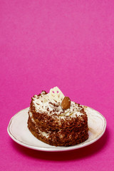 Tiramisu cake on vivid pink background. Copy space