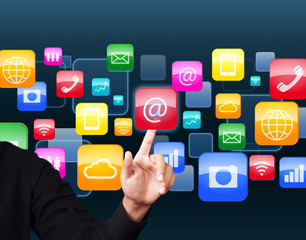 Businessman touching social application icon