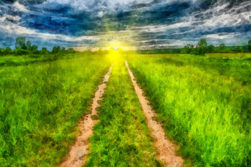 Sunny rural landscape with country road
