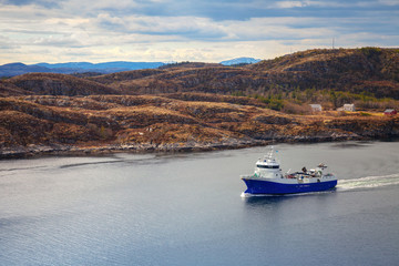Blue Norwegian fish carrier ship in the fjord © evannovostro