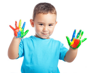 Child with painted hands on a white background