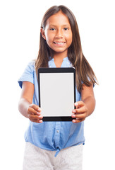 latin girl showing a tablet isolated