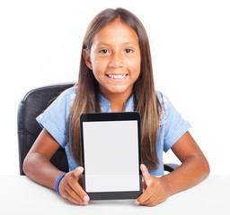 smiling girl showing the tablet on a white background