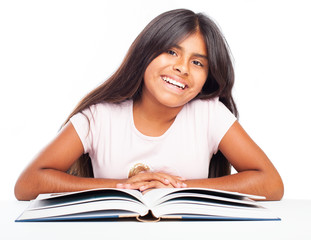girl reading a book on a white background