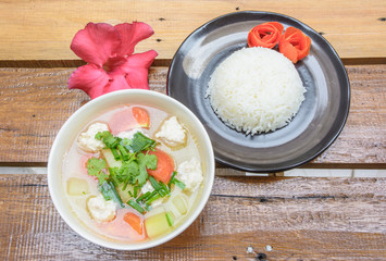 top view rice on dish with asia soup
